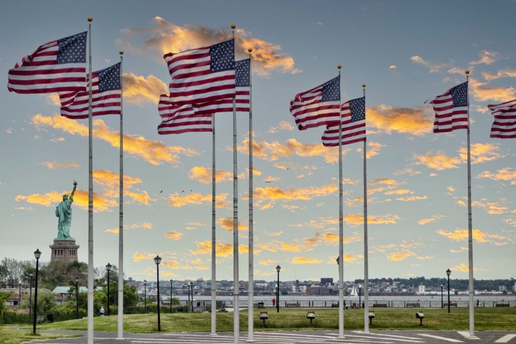 An American flag at sunset